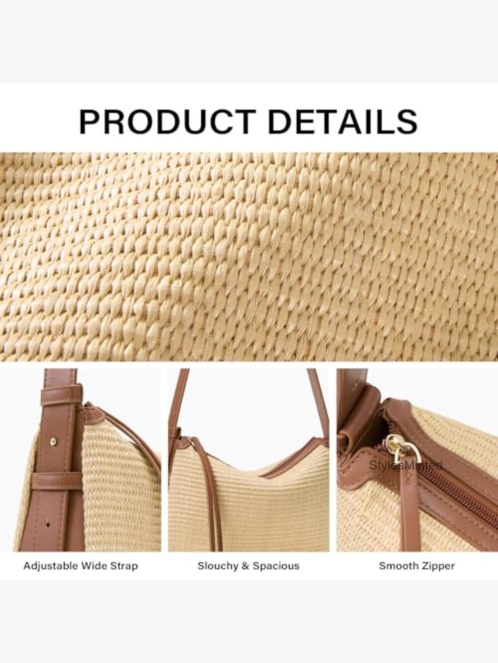 Straw Shoulder Bag Woven Handbag Summer Beach Tote Wide Adjustable Strap - Picture 5 of 6